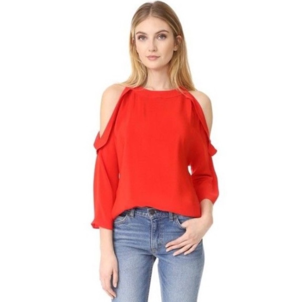 Ramy Brook Womens 3/4 Sleeve Scoop Neck Cold Shoulder Silk Top Red Sz L